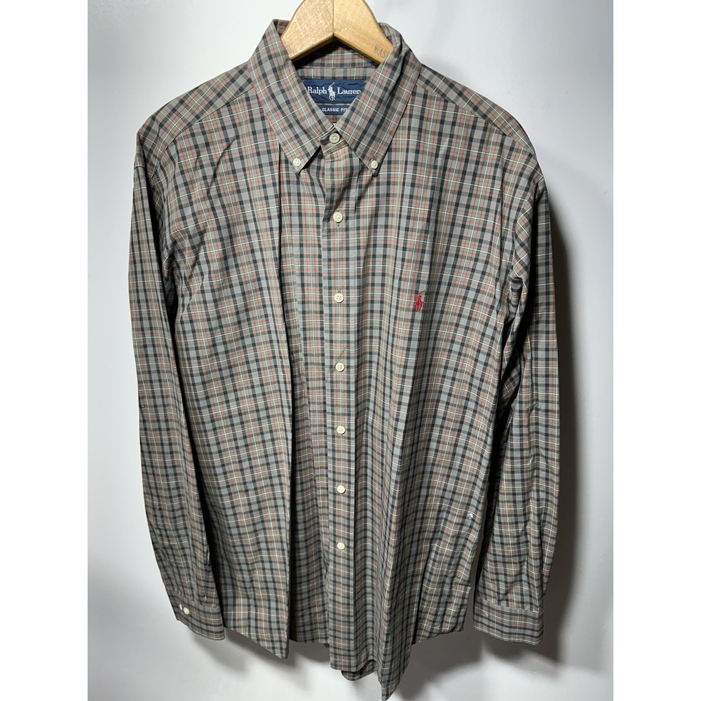 Polo Ralph Lauren Mens Classic Fit Plaid Button Down Shirt Brown Olive Large
